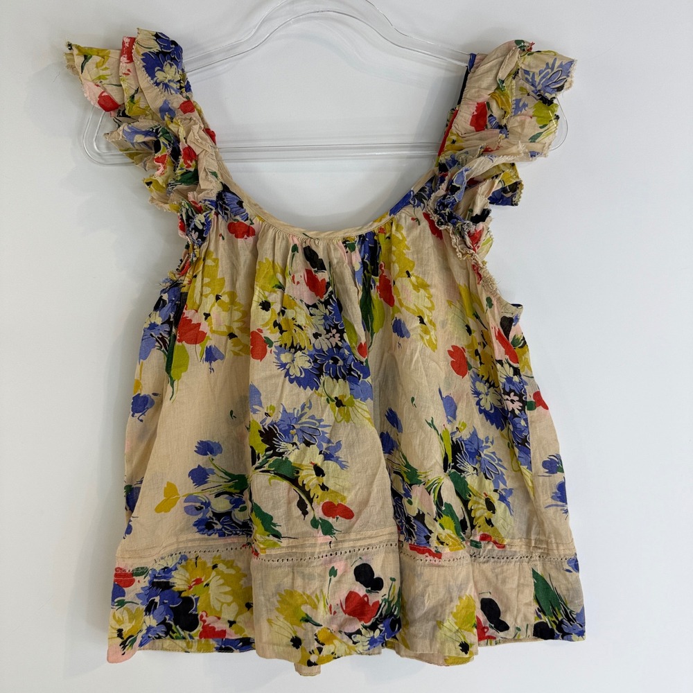 THE GREAT. The Dove Print Ruffle Top Women Size 1 Cream Floral Cotton Button